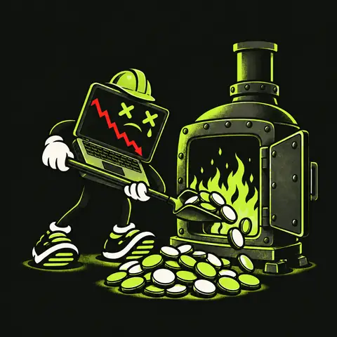 LAPFLOP in a hard hat shovelling blank round tokens into a furnace with green flames against a near-black background.