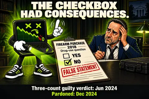 Satirical Hunter Biden illustration about the 2018 firearm form and the June 2024 conviction, noting the December 2024 pardon.