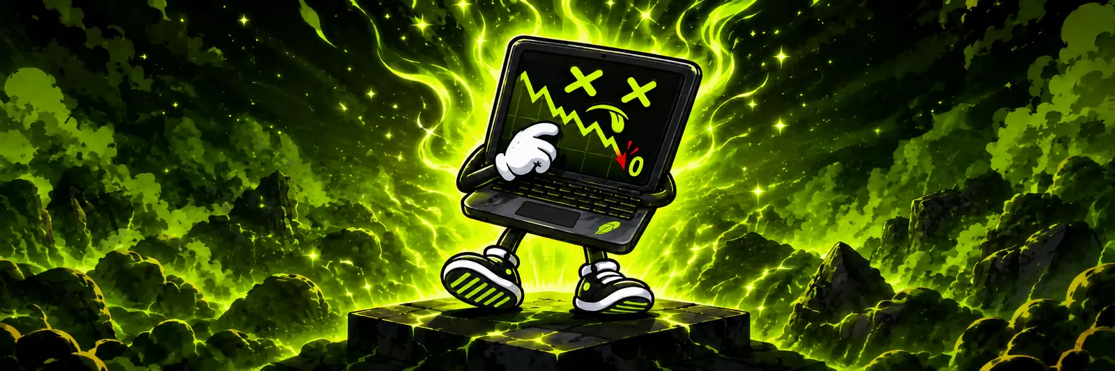 A single LAPFLOP mascot standing on a stone pedestal, surrounded by a glowing green aura