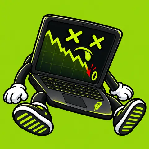 The sad LAPFLOP laptop mascot with crossed-out eyes, white gloves and a falling chart.