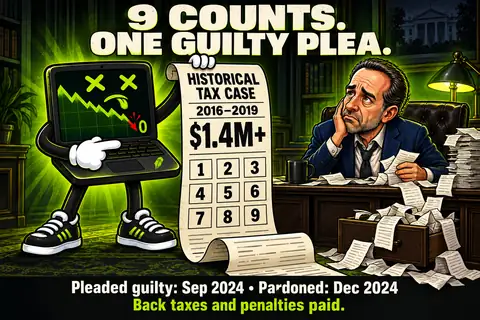 Satirical Hunter Biden tax-case illustration noting the September 2024 guilty plea, December 2024 pardon, and payment of back taxes and penalties.