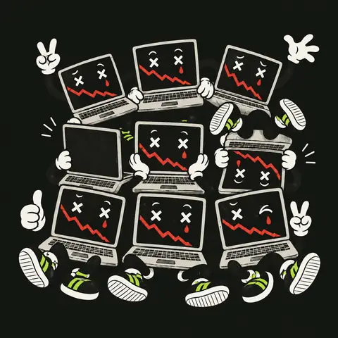 Nine LAPFLOP laptop mascots posing together against a near-black backdrop, with one upside down and one looking away.